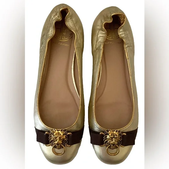 Lilly Pulitzer Gold Leather Ballet Flats Lion Heads Knock Brown Ribbon Size 9 - Picture 13 of 16